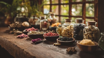 Fototapeta premium A vibrant display of assorted herbs and herbal capsules arranged on a rustic wooden table.