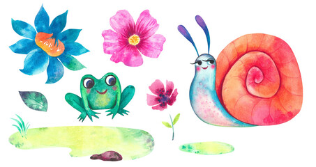 Watercolor Illustration Set of cute Animals and Nature Elements. Cartoon set of snail, frog, flowers, branches and plants. Hand draw collection isolated on white background for decor, birthday