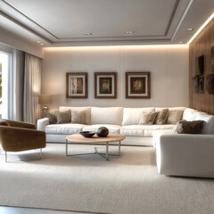 Fototapeta premium Modern living room with white sofa, wooden coffee table, beige armchair, wall art, soft lighting, cozy atmosphere, neutral color palette