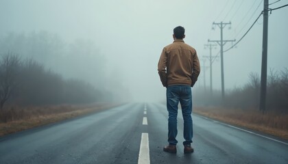 Rear view of man on road in heavy fog. Sad guy standing alone, looking at distance. Concept of solitude, loneliness, journey, problems. Back view of person in forest. Dark scene, misty weather.