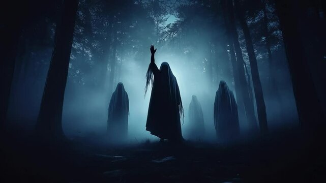 Hooded silhouettes emerge through misty forest, central figure raising hand amid supernatural atmosphere. Mysterious entities surrounded by dense trees and ethereal blue-green light.