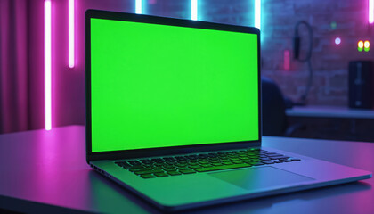 Laptop computer with green screen on colorful neon background. Device for communication, work, business, online, data analysis entertainment. Modern display, cyberspace, gaming, conference calls,