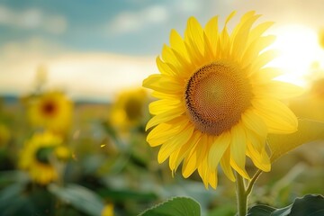 Obraz premium Sunflower blooming in agricultural field at sunset, creating warm and vibrant atmosphere