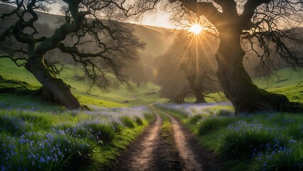 Scenic Country Road Leads to Sunlight Through Trees and Bluebells