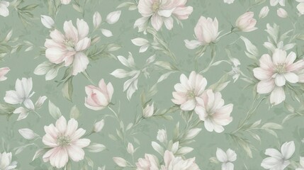 Watercolor Floral Pattern with White and Pink Flowers on a Green Background