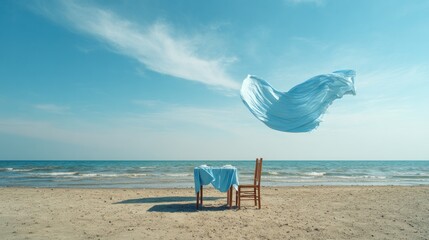 Light blue cloth floats over beachside table and chair