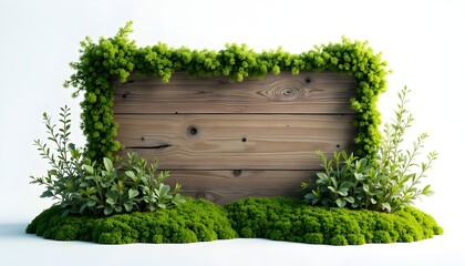 A wooden board covered in green moss and small plants, set against a plain white background