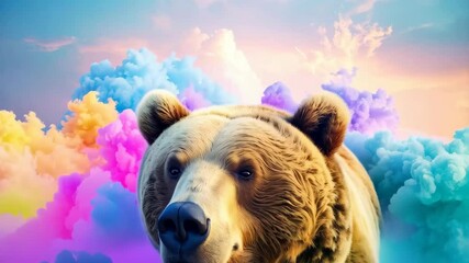 Majestic Brown Bear emerges from ethereal colorful clouds in pastel sky in dreamy and surreal portrait creating fantasy landscape. - Powered by Adobe