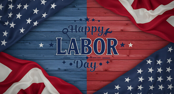 An elegant card to commemorate Labor Day in the USA. Features "Happy Labor Day" calligraphy on white wood, framed by two draped American flags.