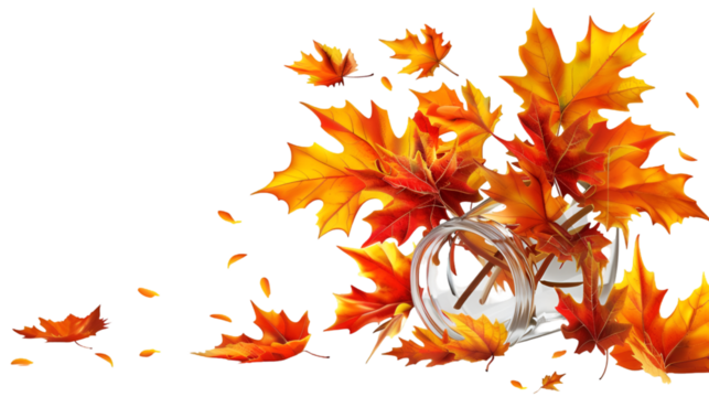 Autumn leaves in a glass vase against a transparent background with scattered leaves around the base