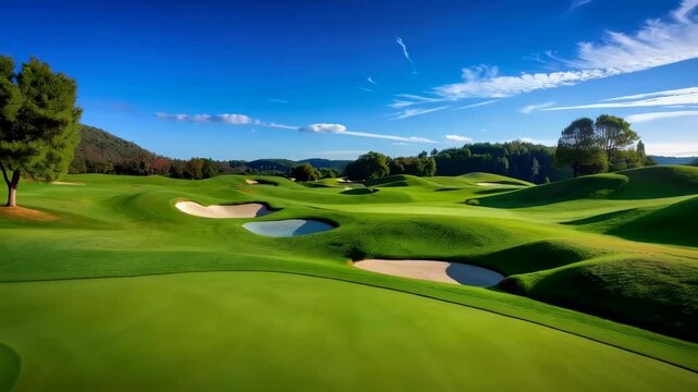 Rolling green golf course landscape with sand traps and trees on a sunny day