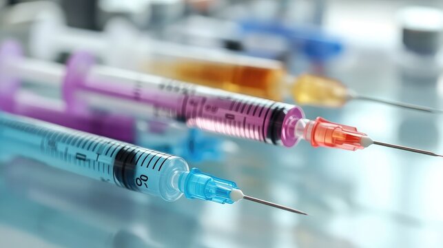 Medical syringes on table, disposable syringes, healthcare supplies, injection equipment, clinical setting, patient care, medical tools, hospital essentials, sterile equipment