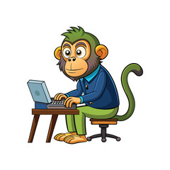 Monkey typing frantically at desk with intense focus, busy office work, funny animal cartoon vector illustration for business, productivity, and technology themes.