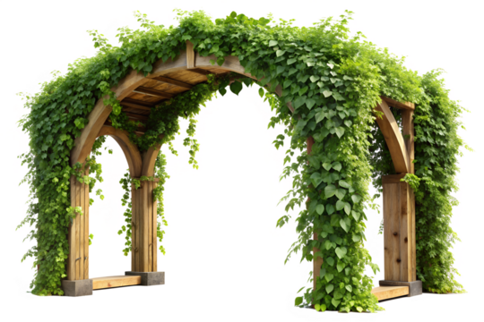 Illustration of a wooden garden arch covered in lush green ivy, isolated on a transparent background