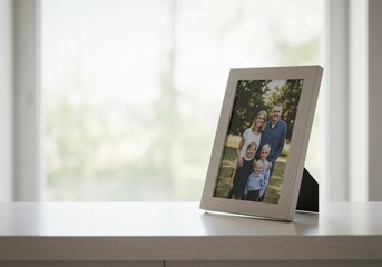 A framed family photo sits quietly on a desk beneath soft balcony shadows — still, emotional, cinematic