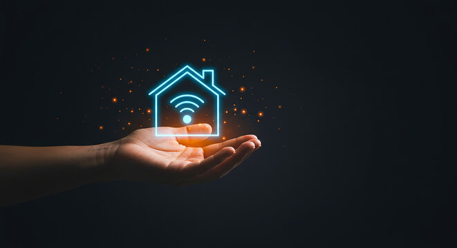 Hand holding a glowing house icon with wifi symbol on dark background with orange particles around it