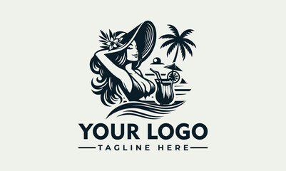 Elegant woman relaxing on a beach, enjoying a cocktail, with a palm tree.