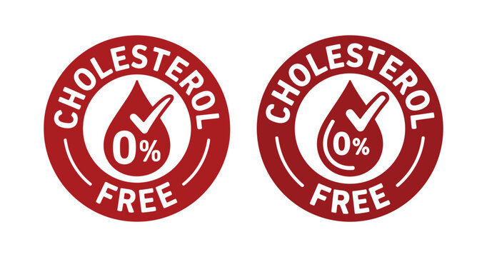Red 0% Cholesterol Free Guarantee Seals with Blood Drop Icon, Indicating Healthy and Diet-Friendly Products