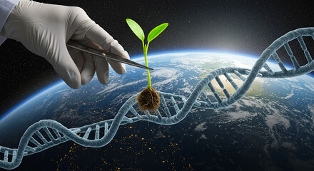 A hand with tweezers over a plant on a dna strand with earth in the background in outer space scene