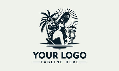 Woman in a hat with a cocktail and palm tree, depicted in a vintage-style logo design.