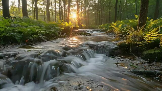 Forest stream sunrise footage