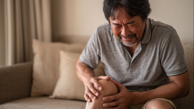 男性がソファで膝を押さえ苦悶する瞬間