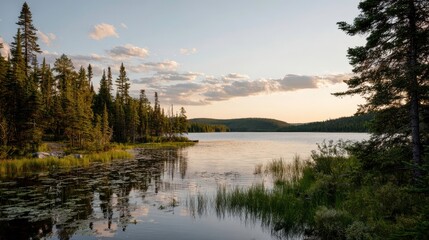 Serene Lake Landscape, Forest Scenery, Sunset Nature