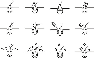Hair care medical vector icons set, treatment, health, and dermatology tools collection, outline graphic group, editable design elements for clinic, cosmetic, and hygiene projects