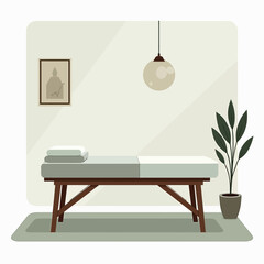 A clean, minimalist room featuring a massage or treatment bed, a framed artwork, a hanging lamp, and a potted plant, suggesting a serene and professional space for therapy or wellness services.
