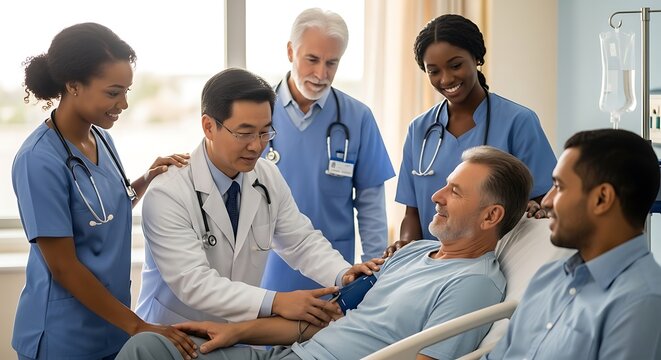 A team of diverse doctors and nurses attending to a smiling male patient in a hospital bed, with a younger man sitting nearby.