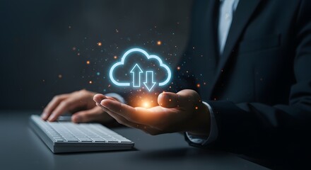 Cloud Computing Concept: Businessman Holding Glowing Cloud Icon