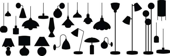 Different lamps icons set, collection and group of lighting fixtures, flat vector designs including table, floor, ceiling, wall, modern, vintage, and decorative lights