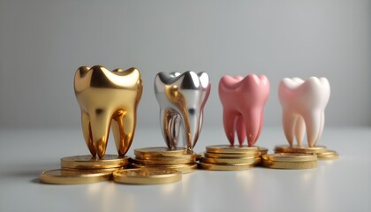 A row of gold, silver, and pink tooth figurines placed on top of a stack of gold coins
