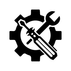 Silhouette of gear with wrench and screwdriver overlay