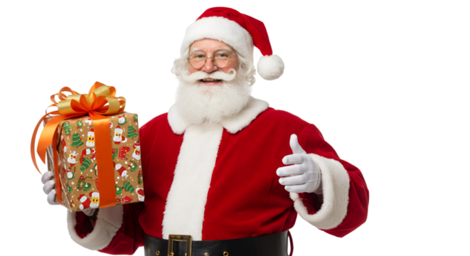 Illustration of Santa Claus Holding Wrapped Christmas Present in Transparent Background