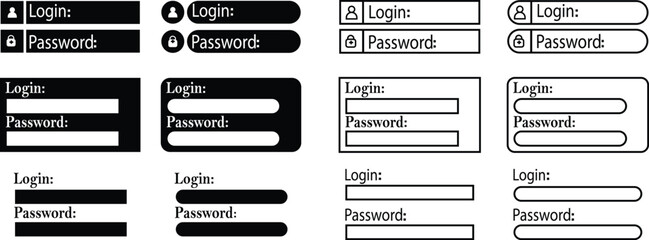 Login and password form icons set, collection and group of user interface elements, flat and line vector designs including sign in, access, authentication, credential input fields