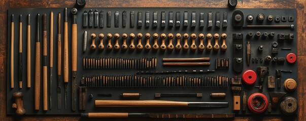 Organized collection of vintage tools and parts.  Perfect for DIY, crafting, or industrial backgrounds.