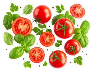 Scattered Tomatoes, Parsley, and Basil Leaves in the Air, Top-Down View, Isolated on Transparent Background