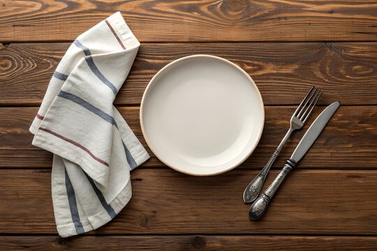 White ceramic plate with brown rim, ornate silver cutlery and striped napkin on rustic wooden table, showcasing timeless dining ambiance