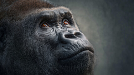 Obraz premium ゴリラが見上げる迫力の顔のクローズアップ写真