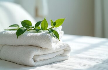 Fresh green plant branch over white fluffy folded bath towels. Spa, wellness, hygiene, hotel, bedroom concept. Morning light. Cozy home interior, care. Natural beauty. Serenity and relaxation.