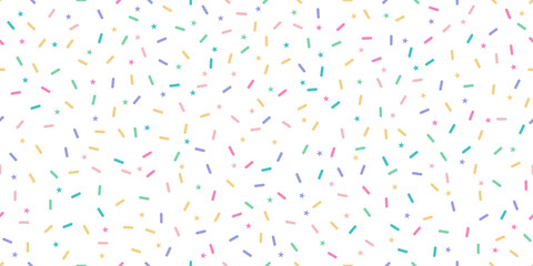 Charming seamless pattern of pastel sprinkles and stars on white background, ideal for baby showers, kids' parties, cute packaging, and playful design themes.