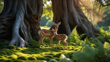 Two Deer Standing in Forest Glade with Mossy Ground