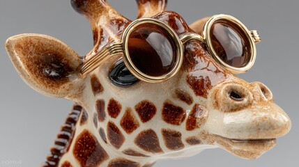 Fototapeta premium Ceramic giraffe head, wearing round sunglasses