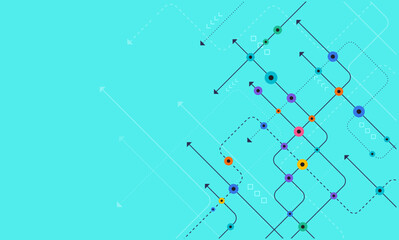 Dynamic abstract grid map with colorful nodes and arrows on cyan background, perfect for transport, technology, direction, or data flow themes.