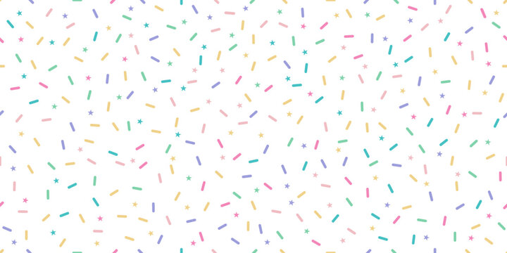 Fototapeta Charming seamless pattern of pastel sprinkles and stars on white background, ideal for baby showers, kids' parties, cute packaging, and playful design themes.