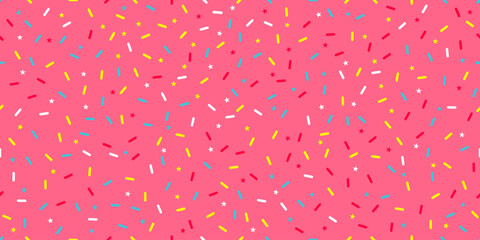 Playful seamless confetti sprinkle pattern with stars and shapes in vivid colors on pink background, perfect for party themes, gift wrap, or festive designs.