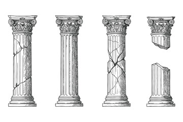 Obraz premium Hand-drawn vintage Corinthian column illustration showing a broken and weathered ancient architectural pillar, ideal for classical architecture, archaeological art, restoration design, historic