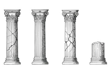Obraz premium Historic illustration of damaged stone columns from ancient architecture, hand-drawn in black and white line art, showcasing broken marble textures, Greek design, and architectural ruins for us