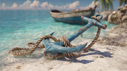 Rusty anchor on tropical beach